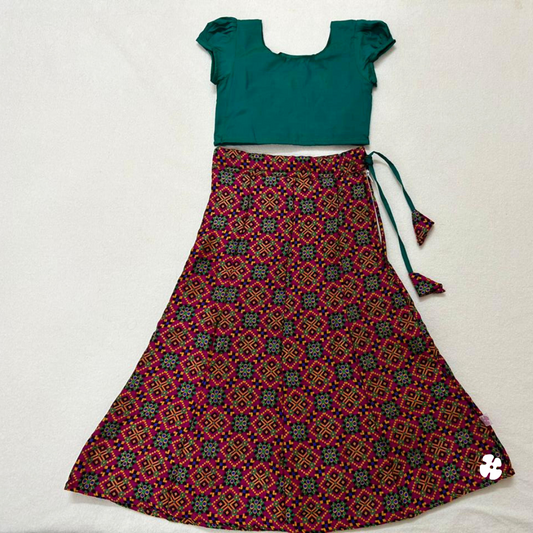 Puff sleeve top with paneled brocade skirt