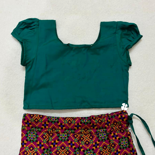 Puff sleeve top with paneled brocade skirt