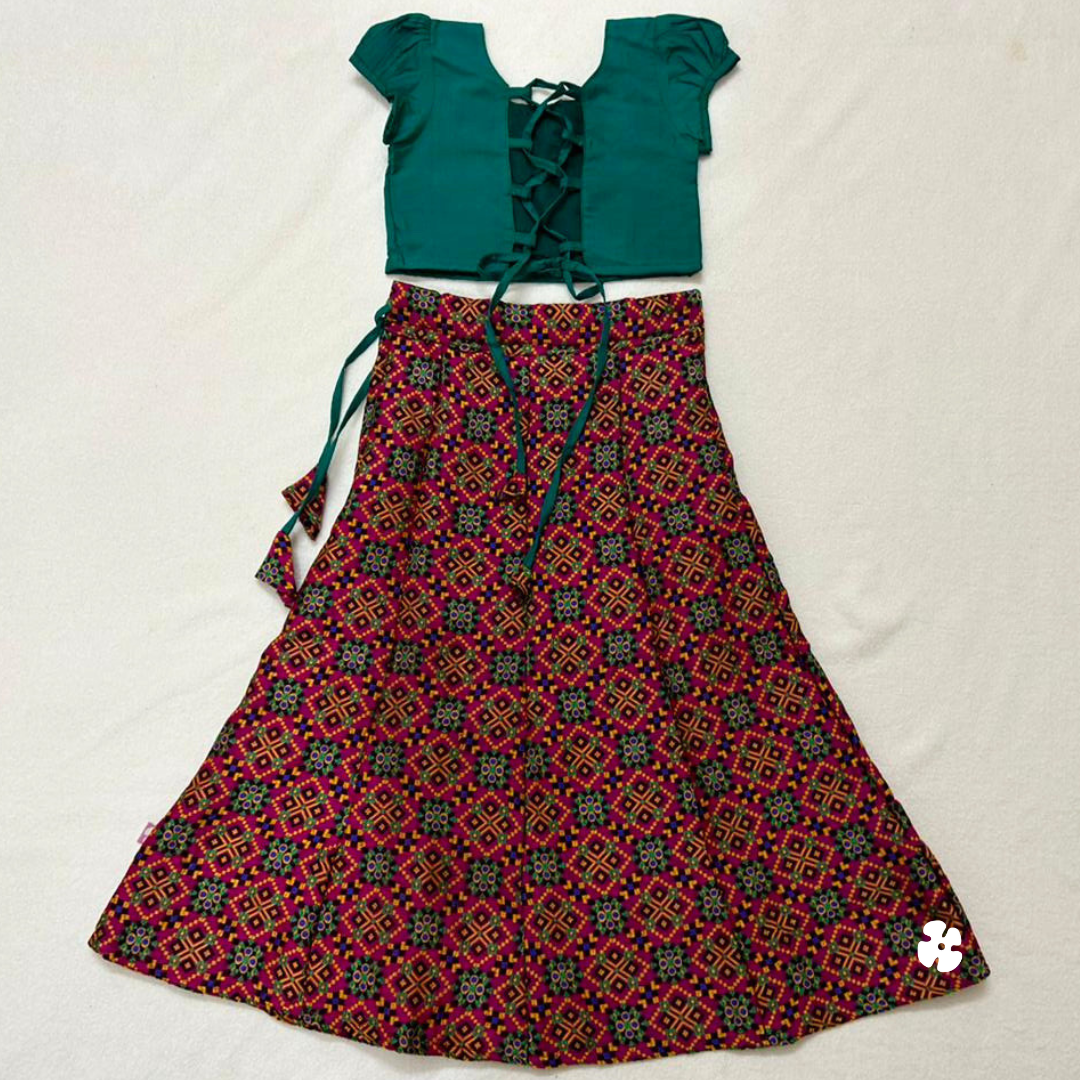 Puff sleeve top with paneled brocade skirt