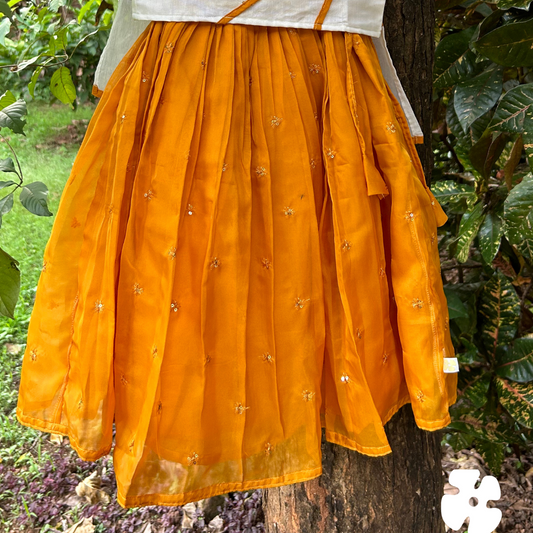 Orange skirt and top with shawl