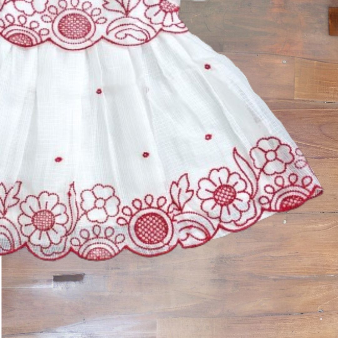 Red and white puff sleeve frock