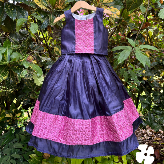 Pink and navy blue full skirt and top