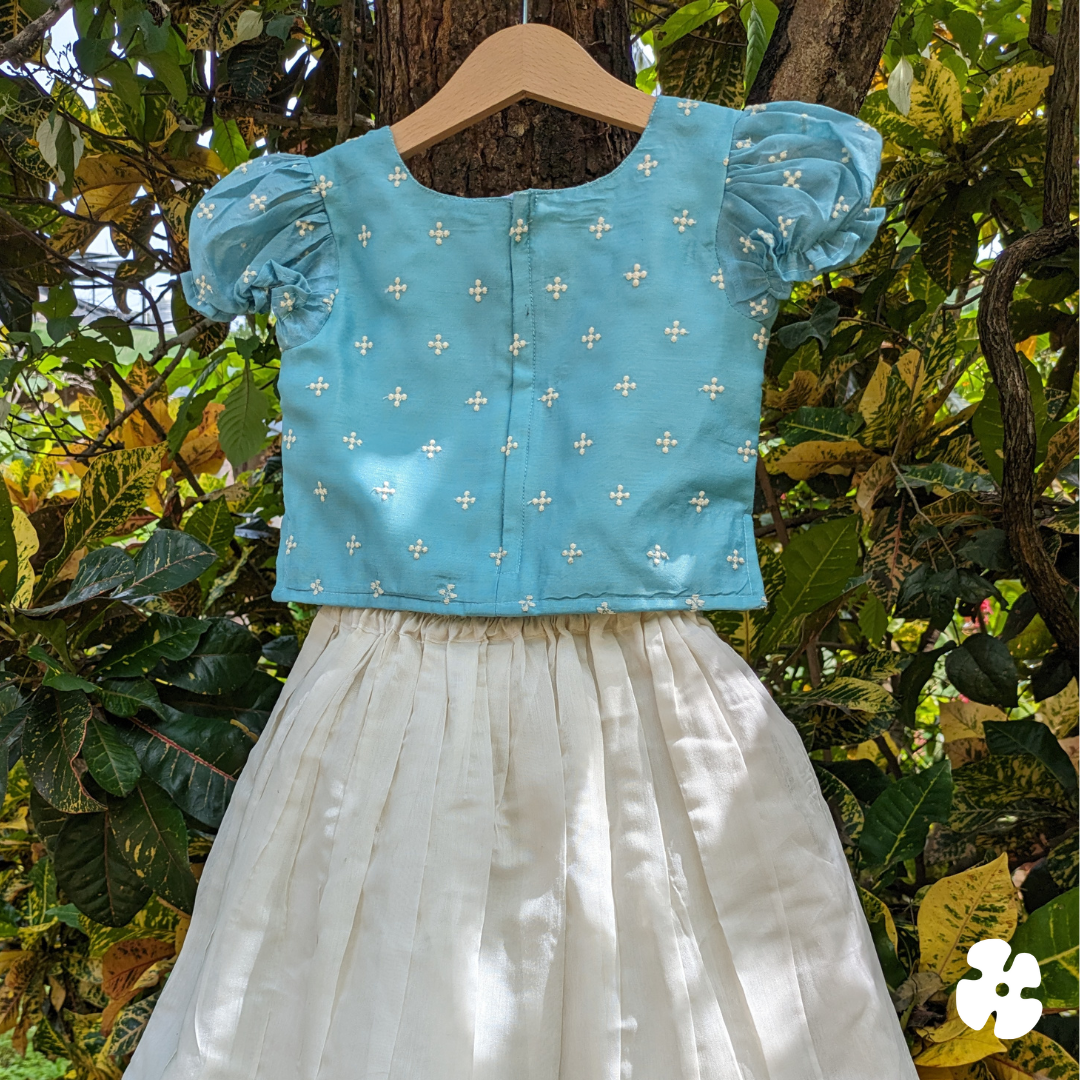 Puff sleeve blue top and skirt