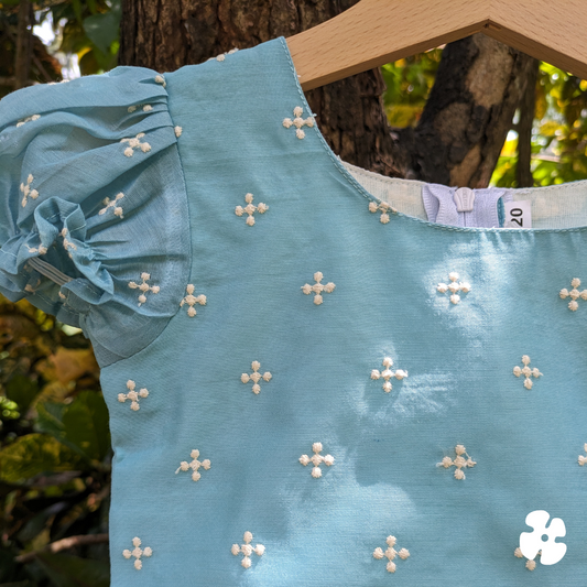 Puff sleeve blue top and skirt