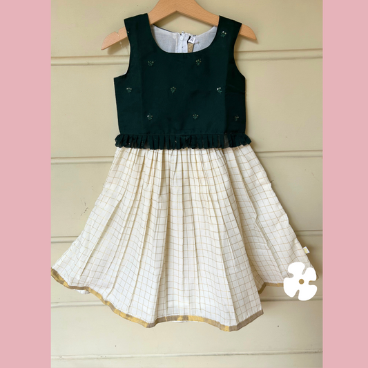 Onam special green top and check skirt