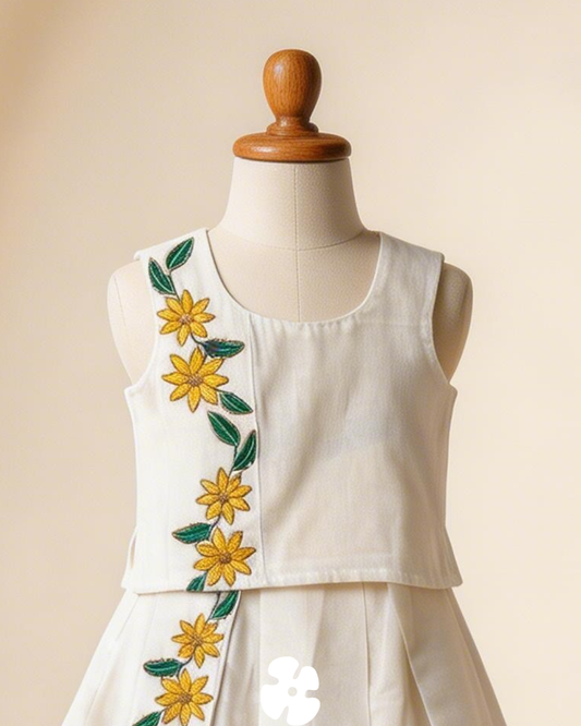 Yellow flower embroidery top and full skirt