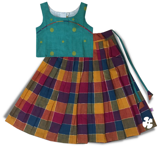 check skirt & top with net shawl